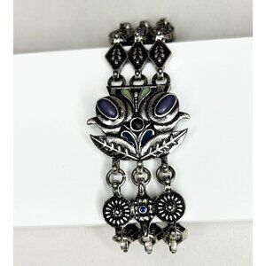 Silver Toned Metal Lapis Jade Cabochons 7" Triple Chain Bracelet Unmarked